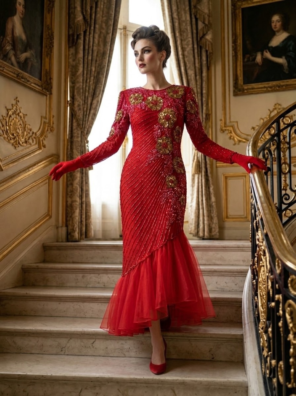 Chao Embroidery Elegant Red Beaded Long-Sleeve Vintage Evening or Prom Dress